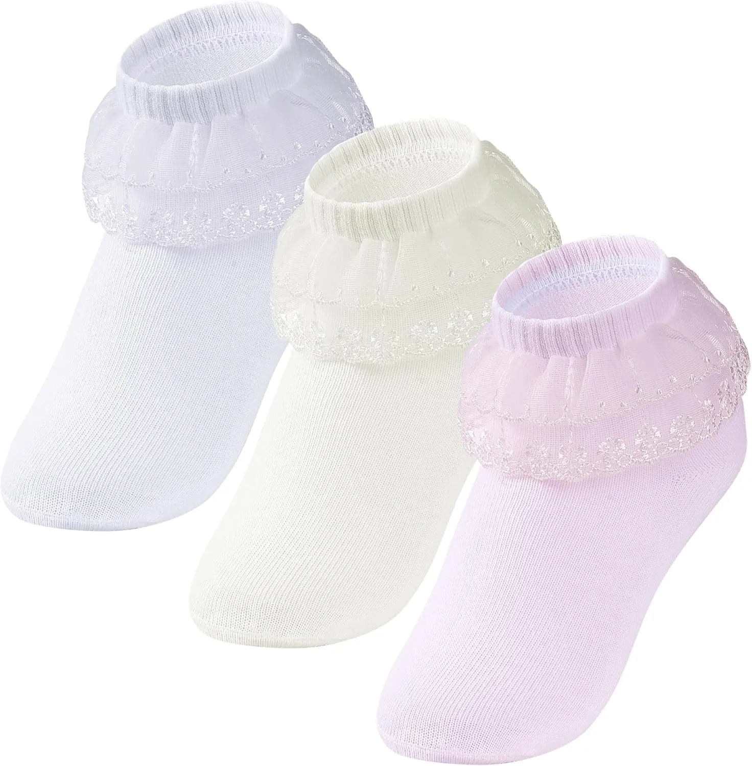 3 Pairs Girls Ruffle Socks White Frilly Lace Ankle Socks with Faux Pearl for Girls Toddler Daily Dress