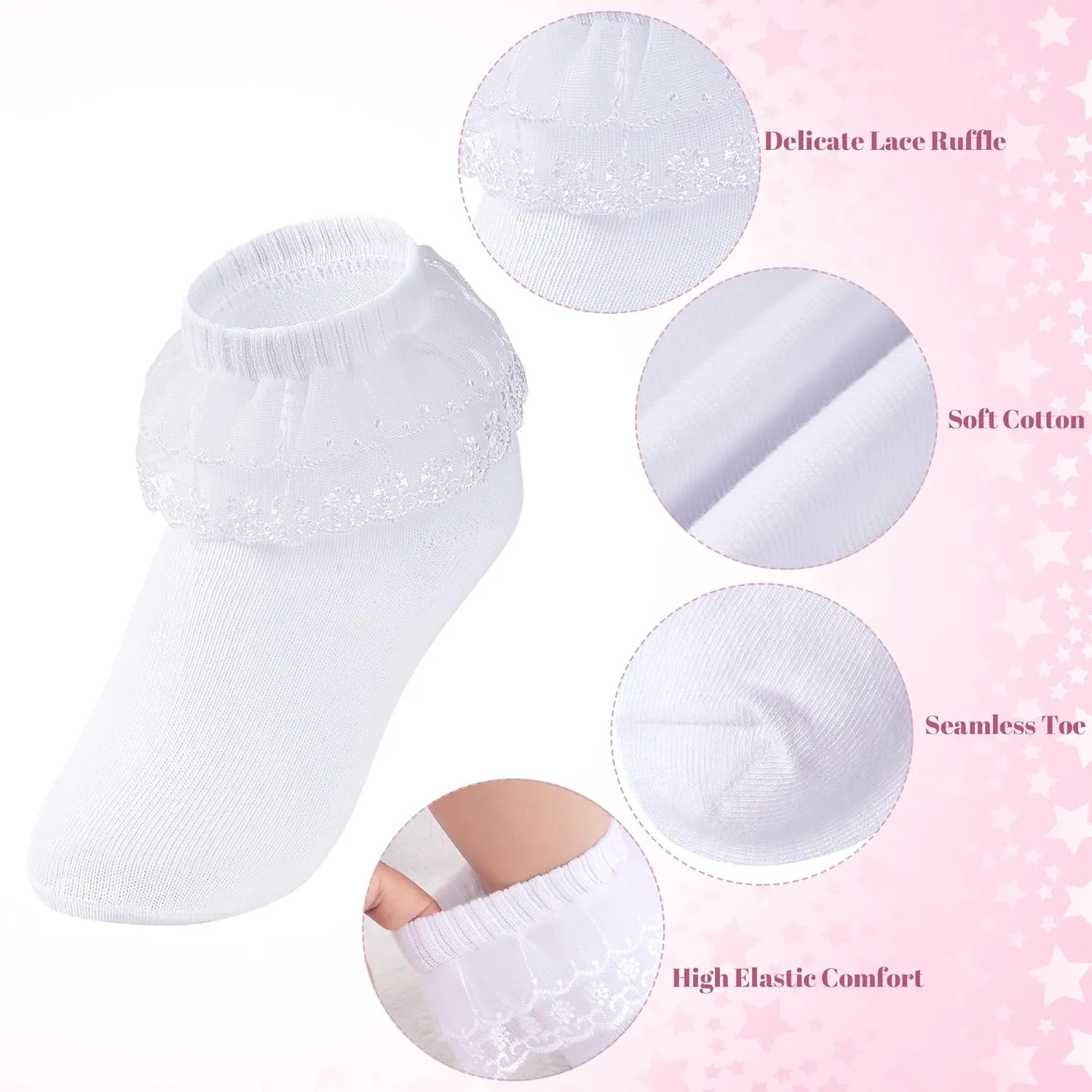 3 Pairs Girls Ruffle Socks White Frilly Lace Ankle Socks with Faux Pearl for Girls Toddler Daily Dress
