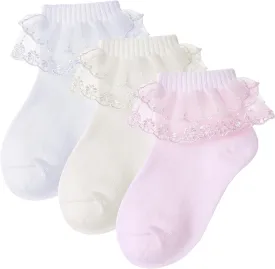 3 Pairs Girls Ruffle Socks White Frilly Lace Ankle Socks with Faux Pearl for Girls Toddler Daily Dress