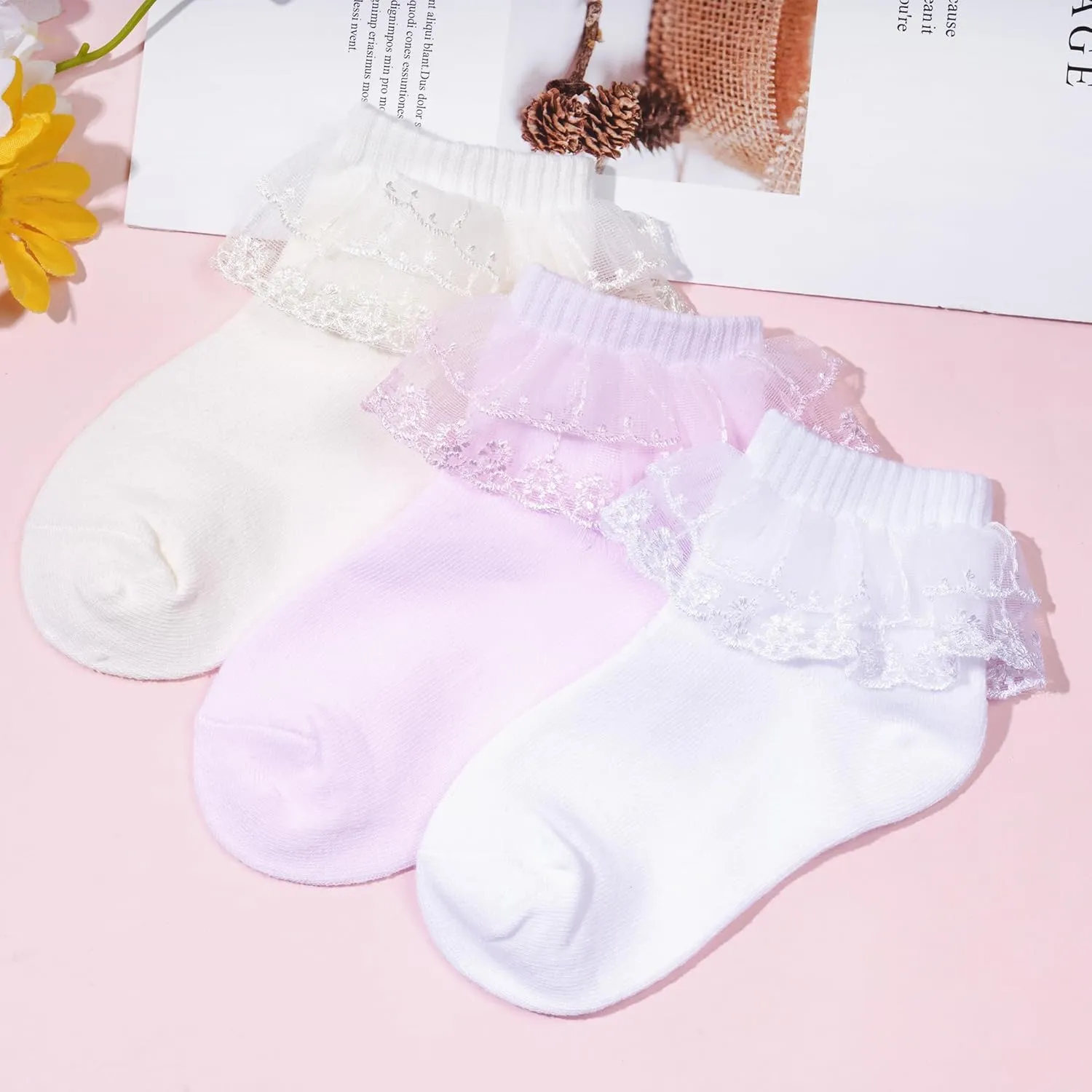 3 Pairs Girls Ruffle Socks White Frilly Lace Ankle Socks with Faux Pearl for Girls Toddler Daily Dress
