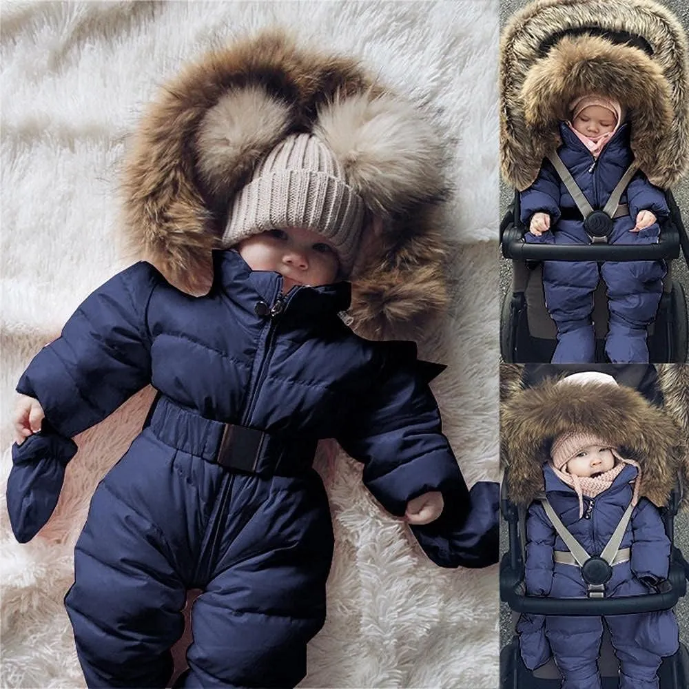 AKIWOS Newborn Infant Toddler Snowsuit 0-24 M Winter Onesie Puffer Down Jacket Padded Romper Fur Hooded Jumpsuit Warm Coat