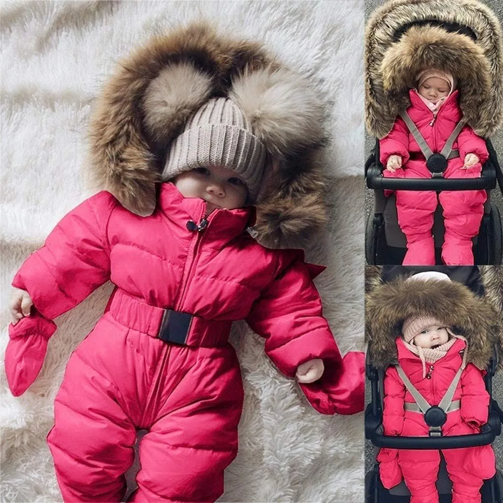 AKIWOS Newborn Infant Toddler Snowsuit 0-24 M Winter Onesie Puffer Down Jacket Padded Romper Fur Hooded Jumpsuit Warm Coat