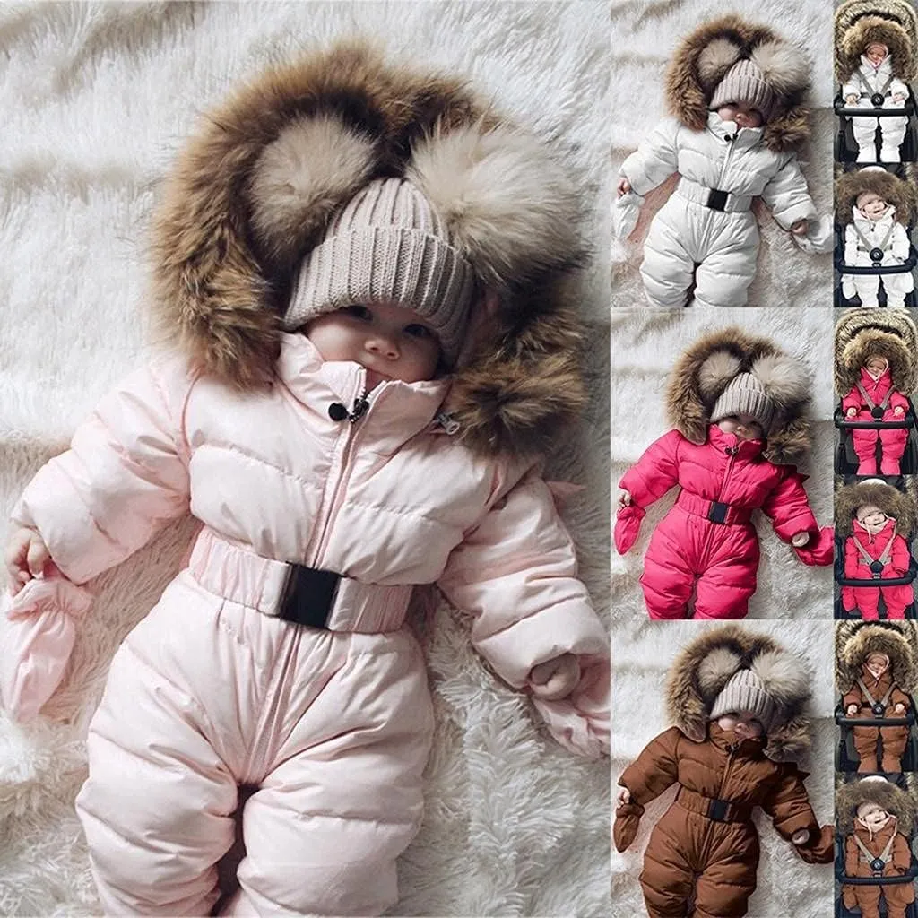 AKIWOS Newborn Infant Toddler Snowsuit 0-24 M Winter Onesie Puffer Down Jacket Padded Romper Fur Hooded Jumpsuit Warm Coat