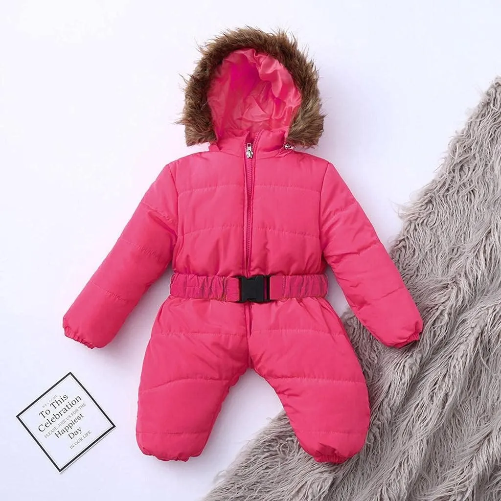 AKIWOS Newborn Infant Toddler Snowsuit 0-24 M Winter Onesie Puffer Down Jacket Padded Romper Fur Hooded Jumpsuit Warm Coat