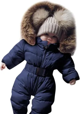 AKIWOS Newborn Infant Toddler Snowsuit 0-24 M Winter Onesie Puffer Down Jacket Padded Romper Fur Hooded Jumpsuit Warm Coat
