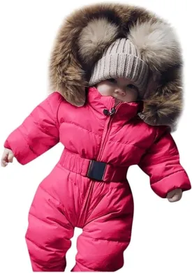 AKIWOS Newborn Infant Toddler Snowsuit 0-24 M Winter Onesie Puffer Down Jacket Padded Romper Fur Hooded Jumpsuit Warm Coat