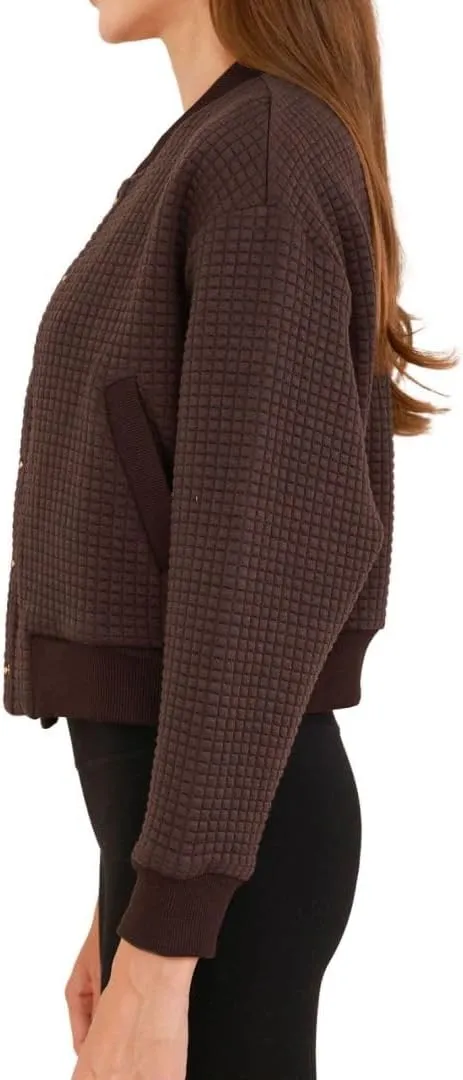 Amazhiyu Women's Quilted Cropped Bomber Jacket Long Sleeve Waffle Autumn Coat