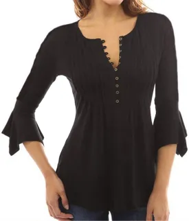 Andongnywell Women's Tunic Top Loose Long Sleeve V Neck Button Up Pleated Shirts Blouse T Shirt Tops