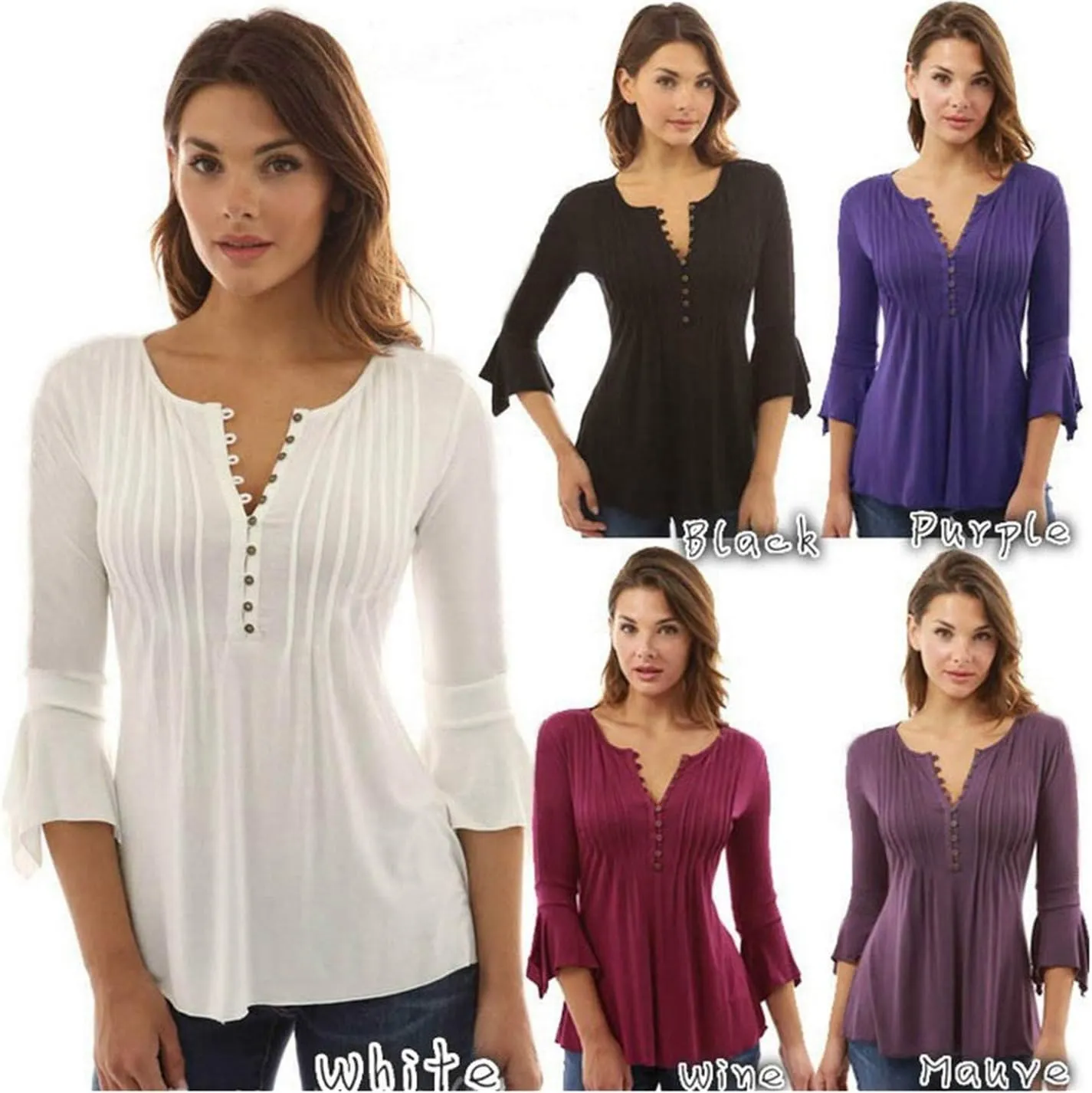Andongnywell Women's Tunic Top Loose Long Sleeve V Neck Button Up Pleated Shirts Blouse T Shirt Tops