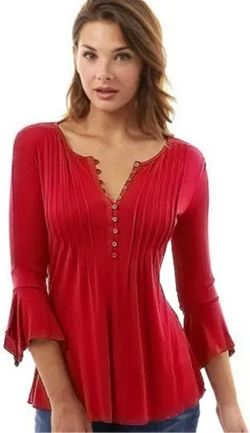 Andongnywell Women's Tunic Top Loose Long Sleeve V Neck Button Up Pleated Shirts Blouse T Shirt Tops