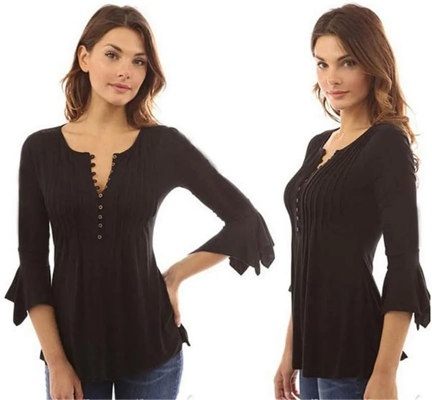 Andongnywell Women's Tunic Top Loose Long Sleeve V Neck Button Up Pleated Shirts Blouse T Shirt Tops