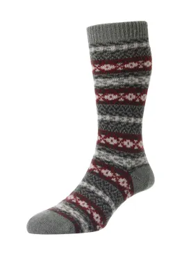 BRADSTOCK | Traditional Fair Isle Cashmere Socks | Light Olive Mix