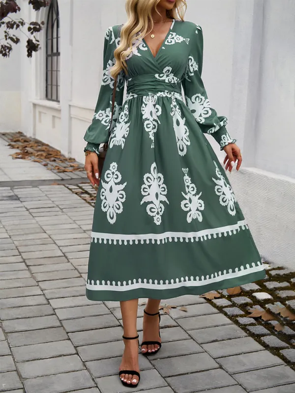 Contrast Color Print Elegant V-Neck Long Sleeve Dress
