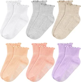 Cooraby 6 Pairs Toddler Anti Slip Non Skid Socks Baby Little Girls Frilly Ruffle Socks Cute Cotton Dress Sock 6M-6Y