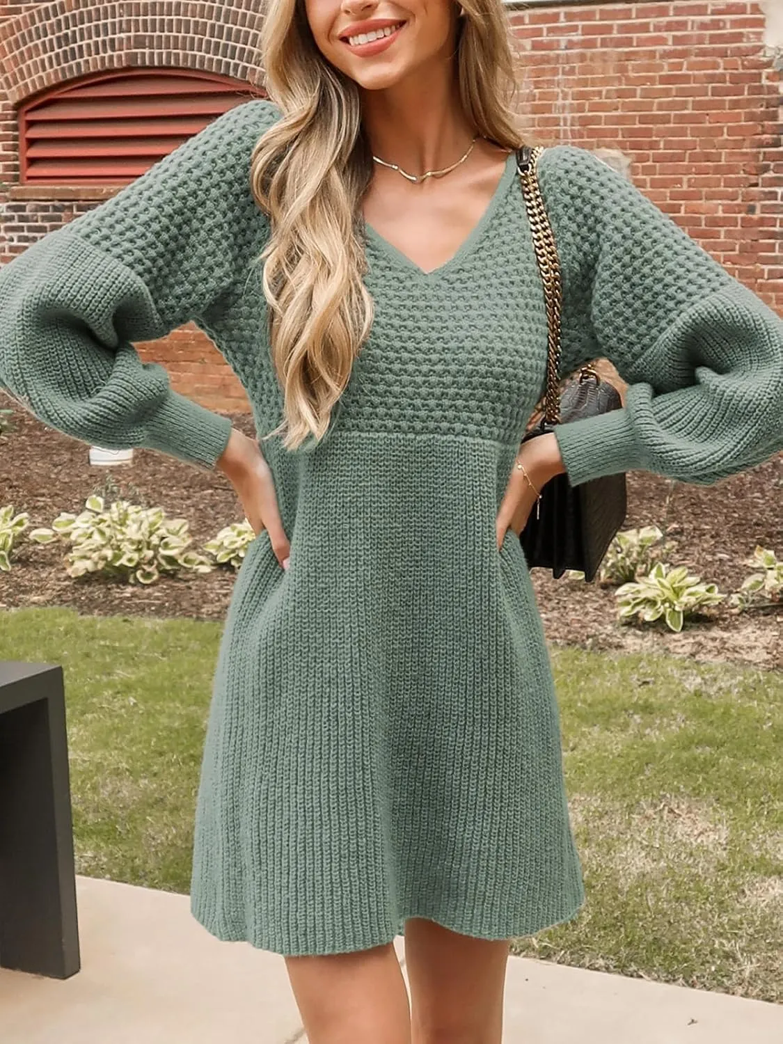 CUPSHE Women's Sweater Dress V Neck Honeycomb Long Sleeve Textured Fall Casual Knit Pullover Dresses