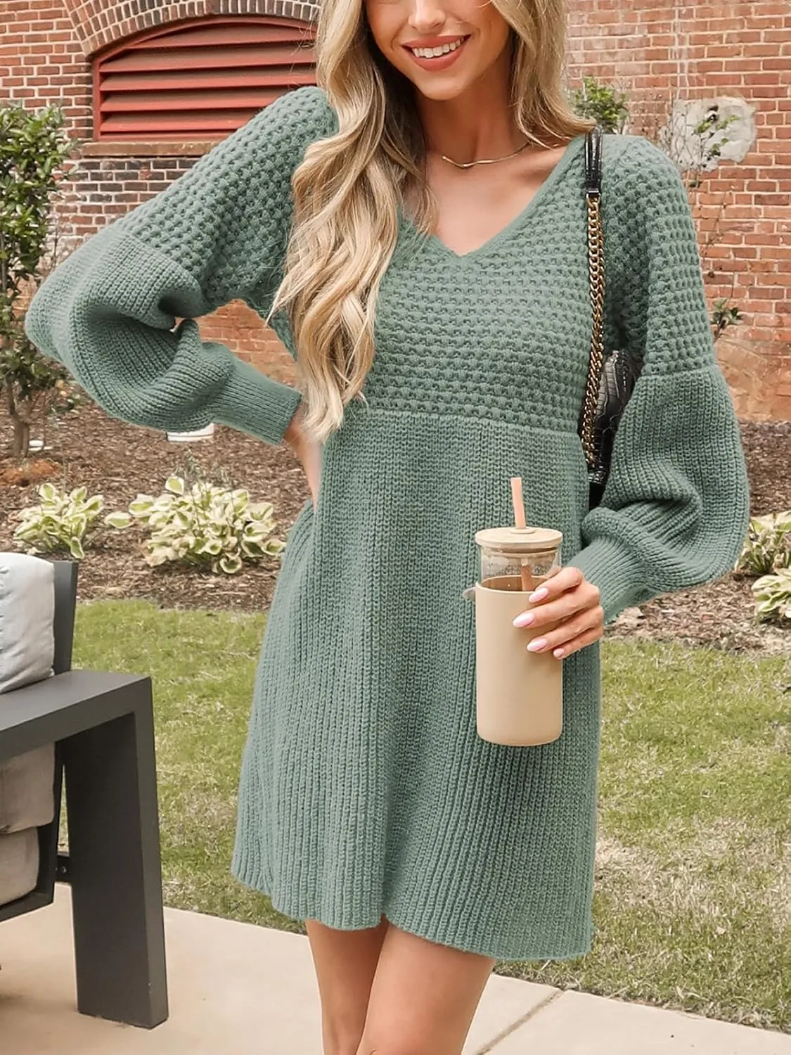 CUPSHE Women's Sweater Dress V Neck Honeycomb Long Sleeve Textured Fall Casual Knit Pullover Dresses