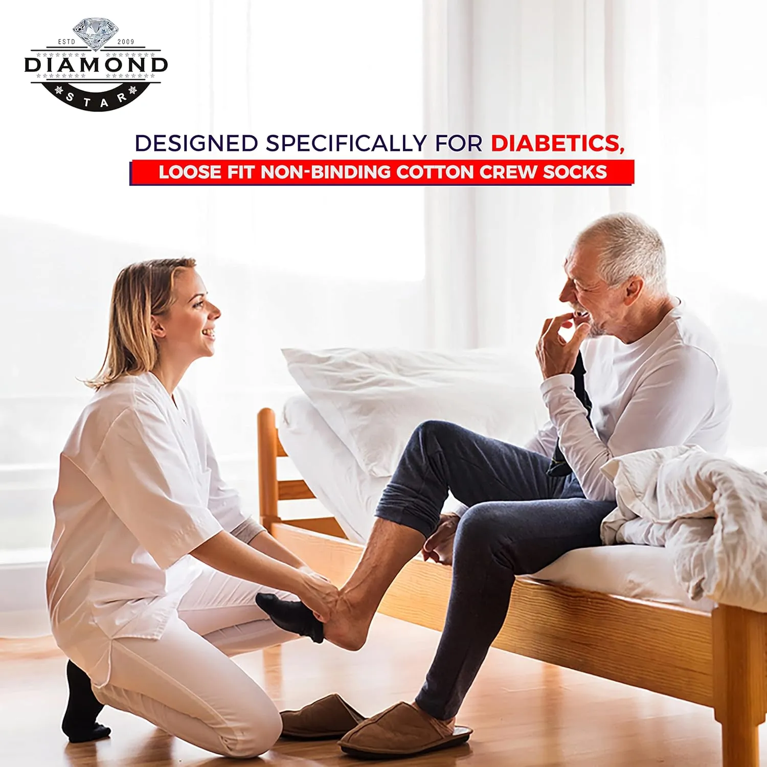 Diamond Star Diabetic Socks, Non-Binding Circulatory Cushion Cotton Crew Diabetic Socks for Men Women