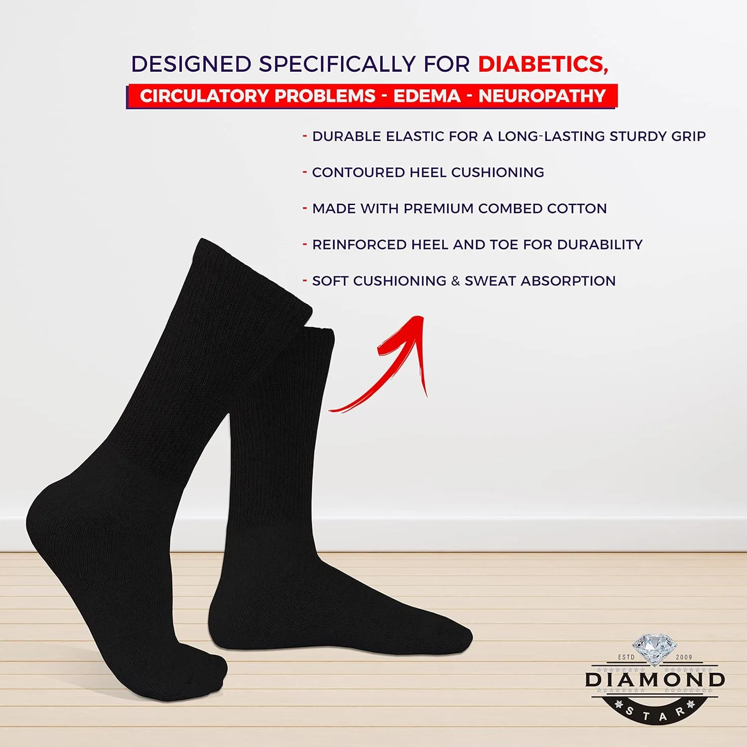 Diamond Star Diabetic Socks, Non-Binding Circulatory Cushion Cotton Crew Diabetic Socks for Men Women