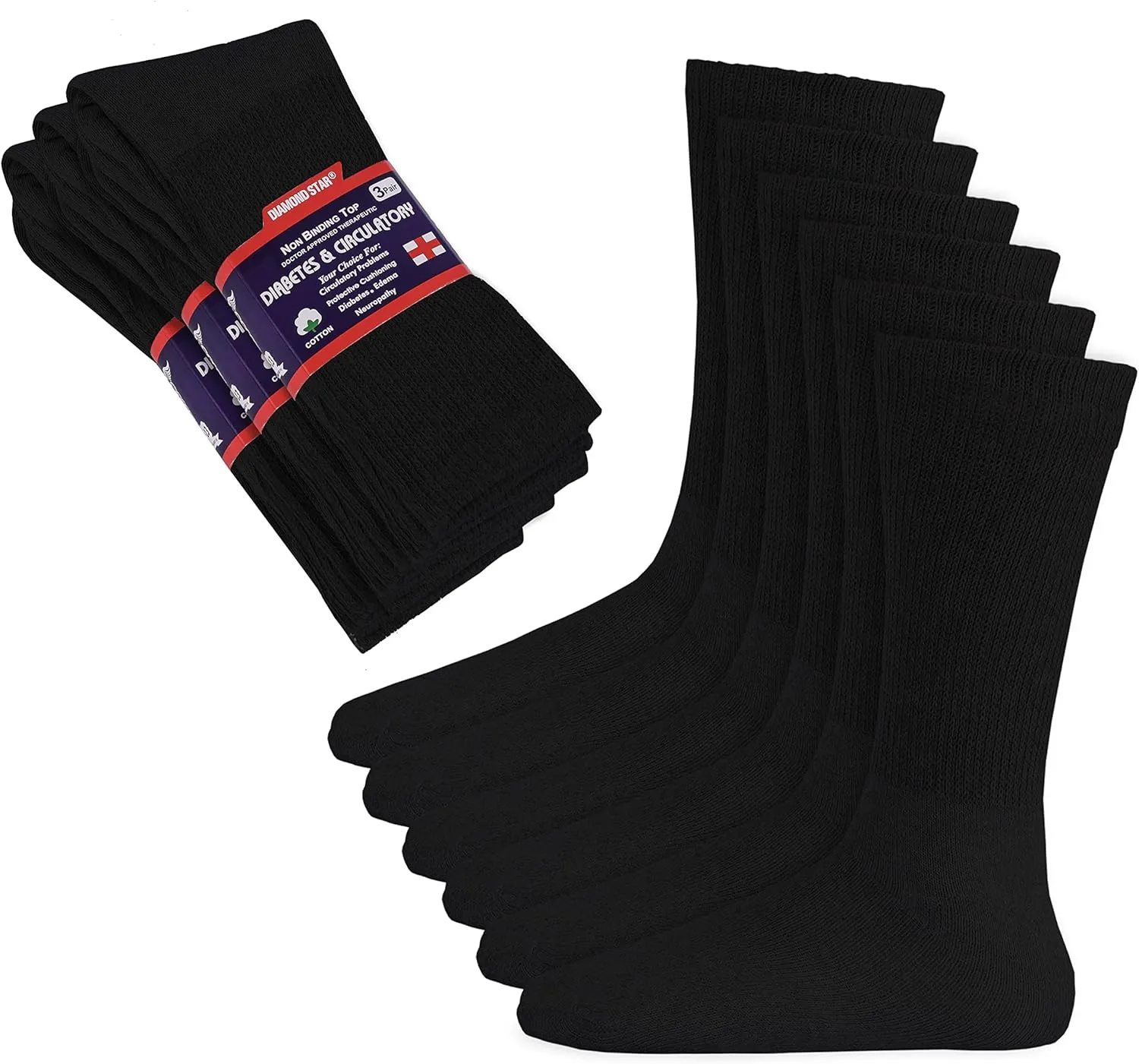 Diamond Star Diabetic Socks, Non-Binding Circulatory Cushion Cotton Crew Diabetic Socks for Men Women