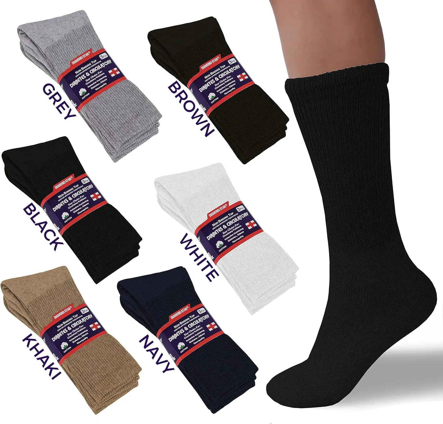 Diamond Star Diabetic Socks, Non-Binding Circulatory Cushion Cotton Crew Diabetic Socks for Men Women