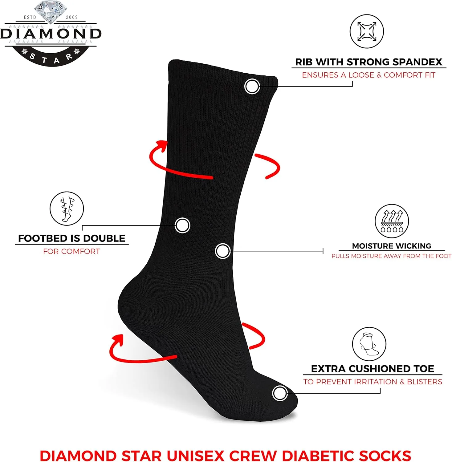 Diamond Star Diabetic Socks, Non-Binding Circulatory Cushion Cotton Crew Diabetic Socks for Men Women