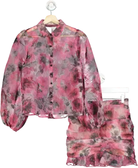 Fanco Pink Floral Sheer Blouse and Skirt Set UK S