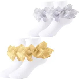 Girls Ruffle Socks Shiny Double Big Lace Socks 2/3 Pairs Toddler Turn Cuff Socks Girls Frilly Dress Pageant Socks