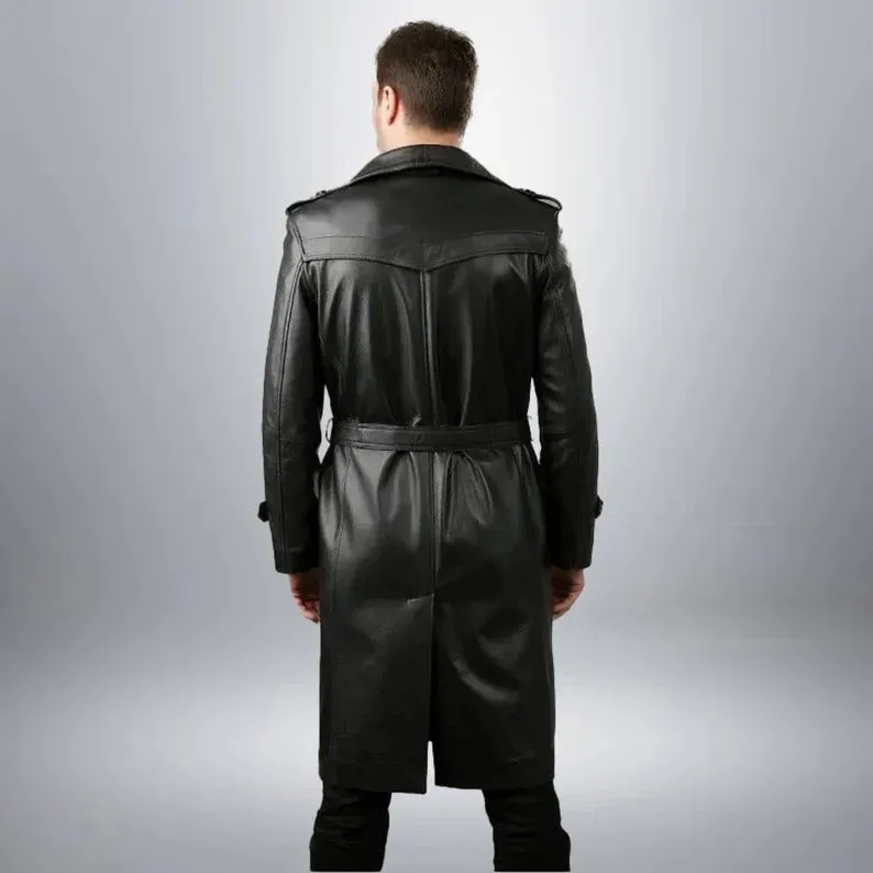 Handmade Full-Length Black Sheepskin Leather Trench Coat