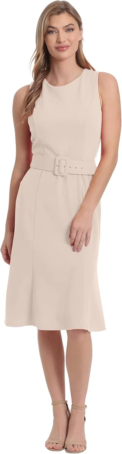 London Times Women's Sleeveless Fluted Sheath with Belt