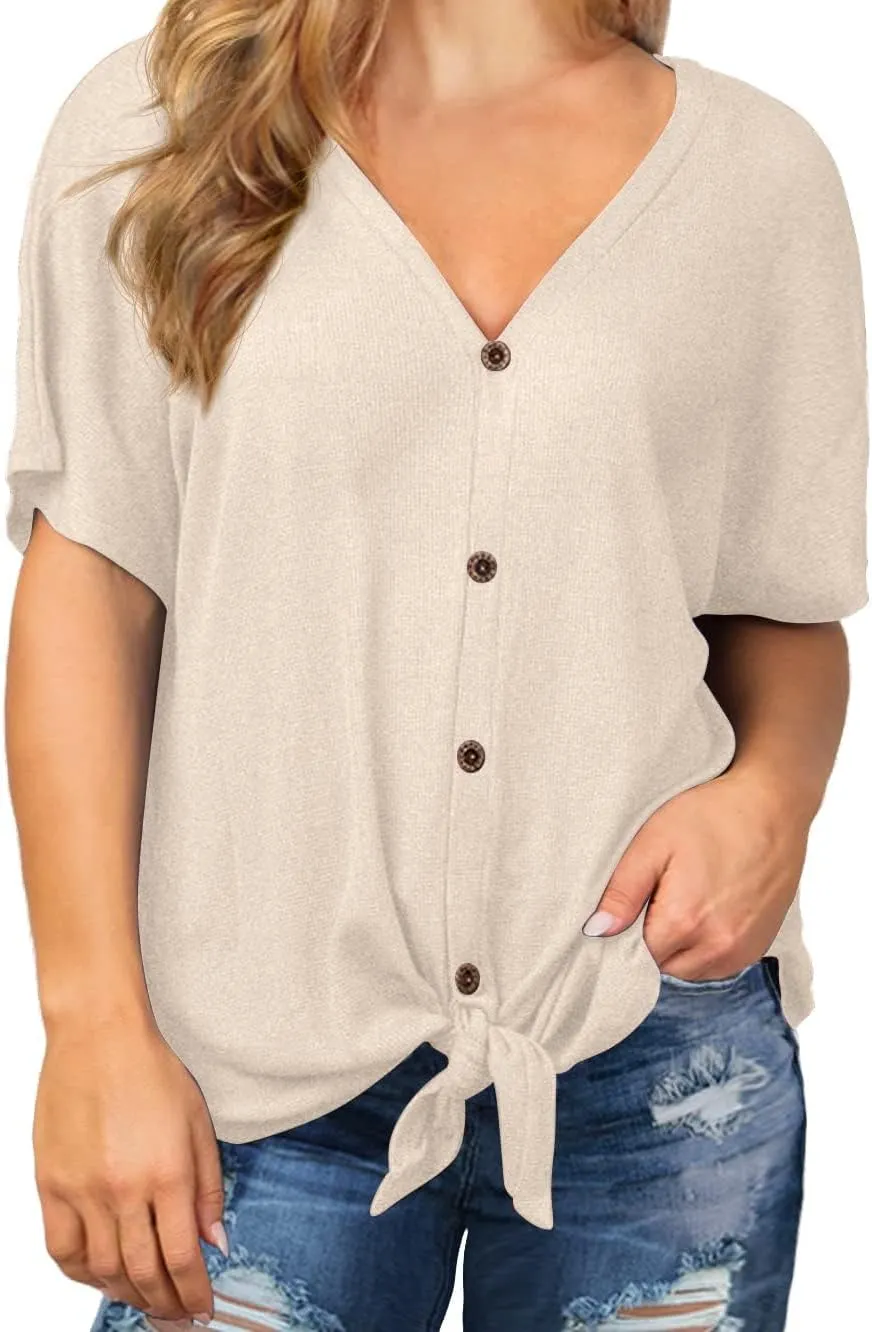 OLRIK Womens Plus Size Tops Short Sleeve V Neck Waffle Knit Tunic Blouse Tie Front Button Up T Shirts