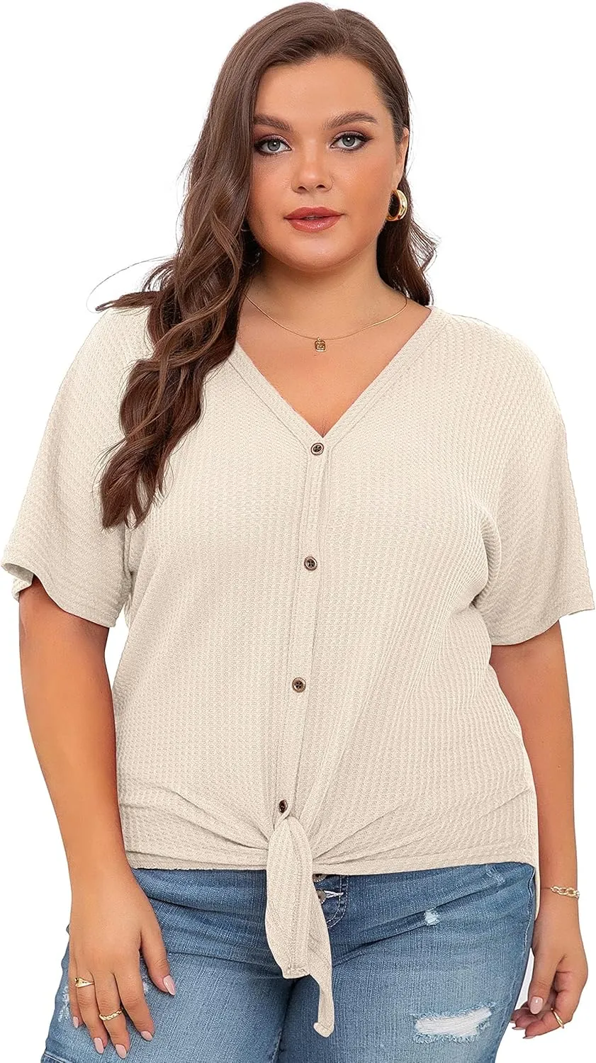 OLRIK Womens Plus Size Tops Short Sleeve V Neck Waffle Knit Tunic Blouse Tie Front Button Up T Shirts