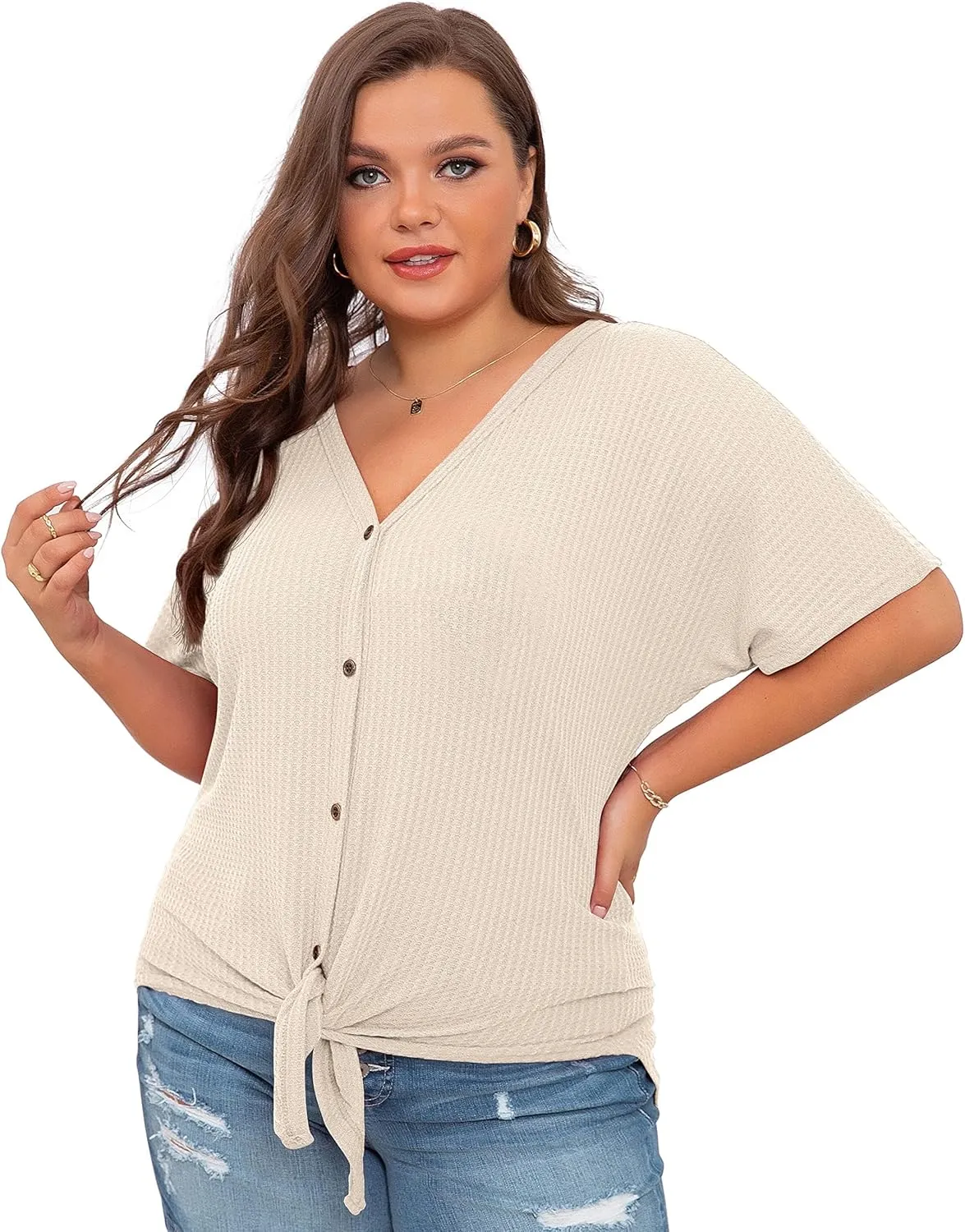 OLRIK Womens Plus Size Tops Short Sleeve V Neck Waffle Knit Tunic Blouse Tie Front Button Up T Shirts