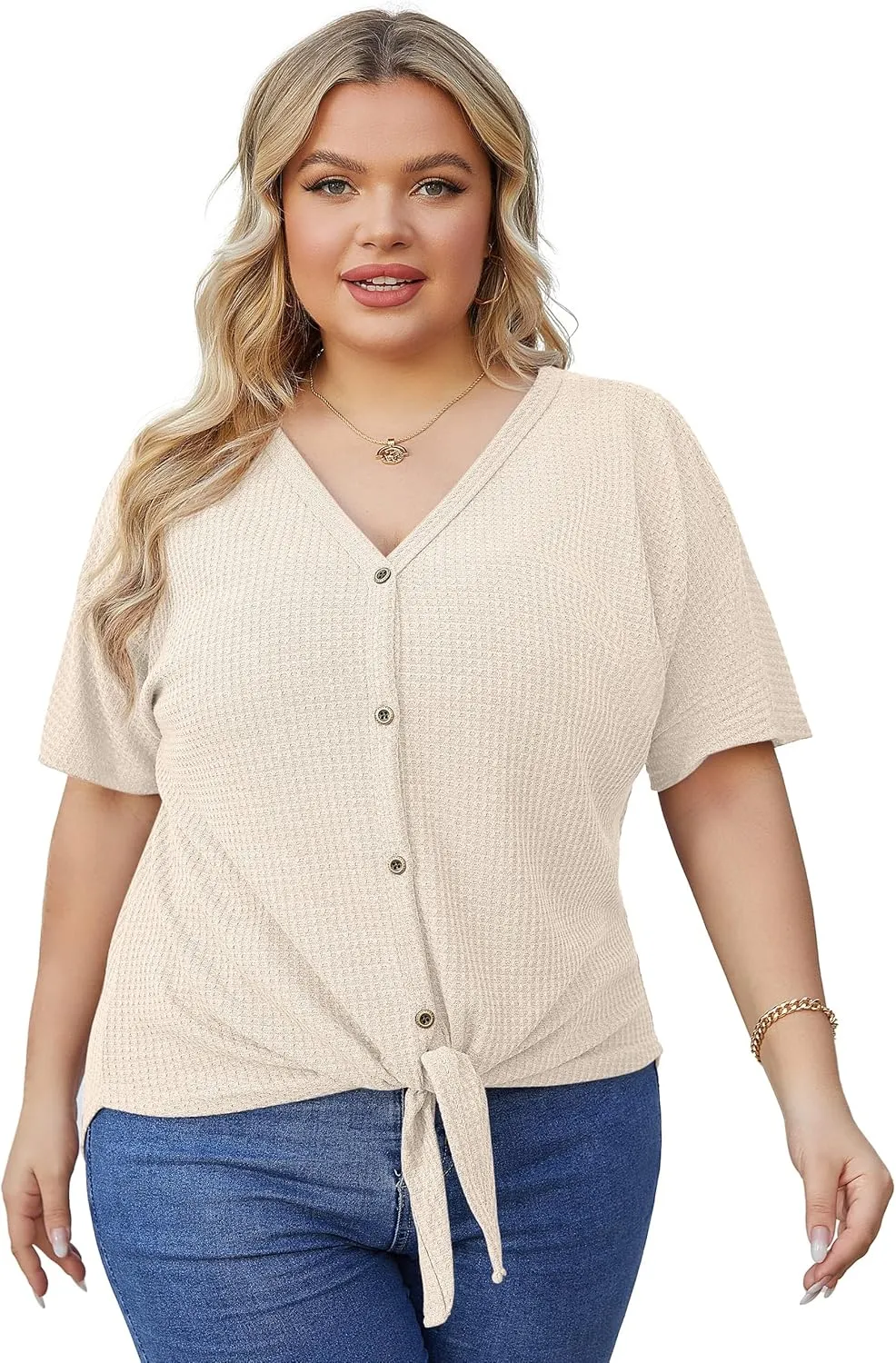 OLRIK Womens Plus Size Tops Short Sleeve V Neck Waffle Knit Tunic Blouse Tie Front Button Up T Shirts
