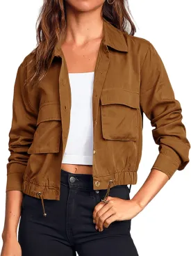Onedreamer Women's Military Safari Cropped Jackets Button Down Lightweight Oversized Utility Anorak Coat with Pockets
