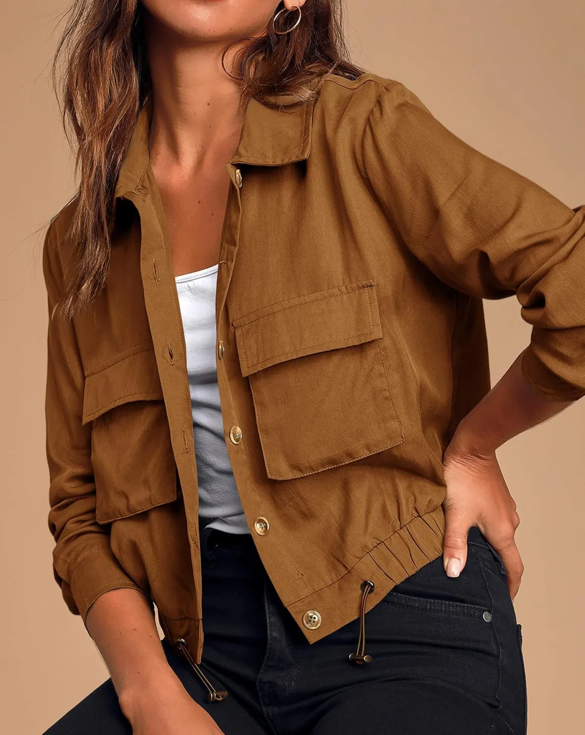 Onedreamer Women's Military Safari Cropped Jackets Button Down Lightweight Oversized Utility Anorak Coat with Pockets