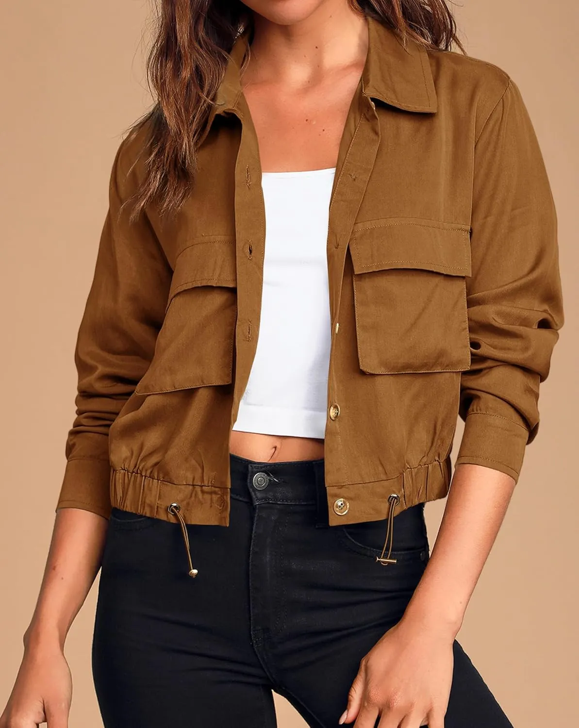 Onedreamer Women's Military Safari Cropped Jackets Button Down Lightweight Oversized Utility Anorak Coat with Pockets