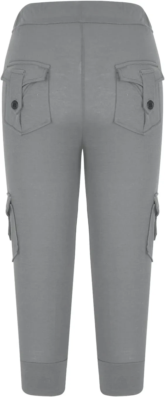 Petite Capri Cargo Pants Women Adjustable Waist Hipster Tapered Pants Casual Hiking Jogging Elastic Athletic Capris