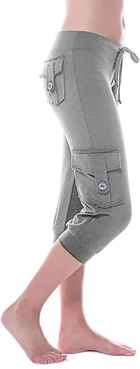 Petite Capri Cargo Pants Women Adjustable Waist Hipster Tapered Pants Casual Hiking Jogging Elastic Athletic Capris