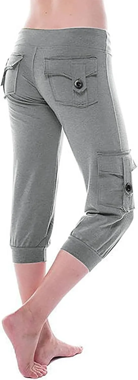 Petite Capri Cargo Pants Women Adjustable Waist Hipster Tapered Pants Casual Hiking Jogging Elastic Athletic Capris