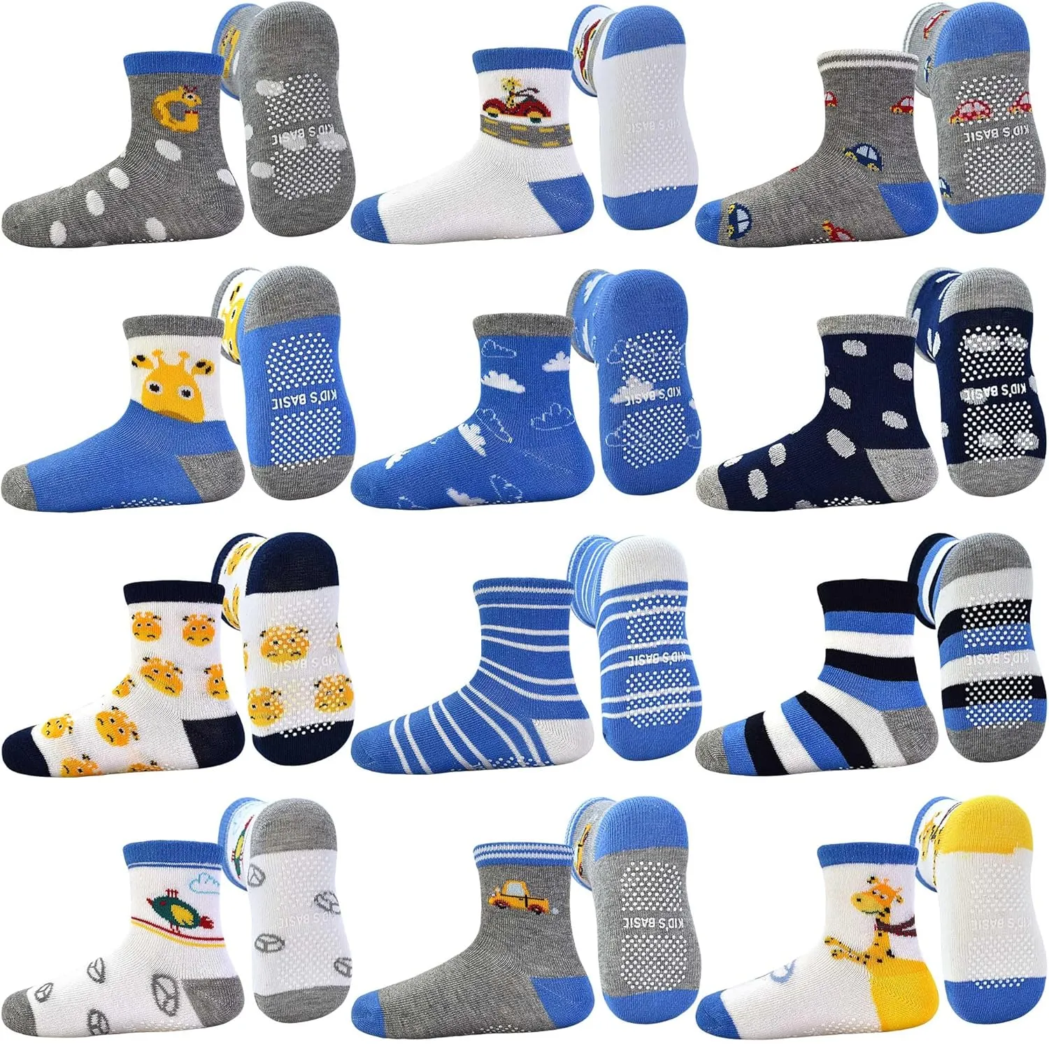 Tphon Toddler Baby Non Slip Socks Infant Anti Skid Socks with Grips 12 Pairs Crew Sock for 0-7 Years Kids Boys Girls