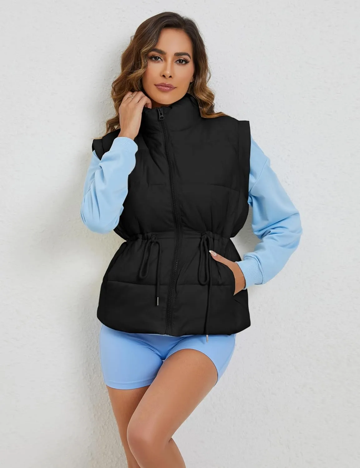 VAOYIU Womens Puffer Vest Adjustable Drawstring Waist Lightweight Quilted Zip Up Vest with Pockets