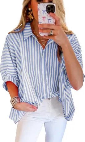 Women 2025 Summer Stripe Dolman Sleeve V Neck Oversize Shirt Tops Casual Button Up Short Sleeve Striped Blouse