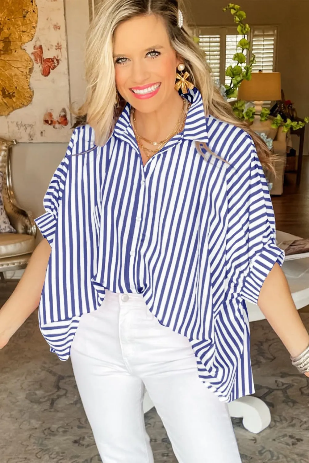 Women 2025 Summer Stripe Dolman Sleeve V Neck Oversize Shirt Tops Casual Button Up Short Sleeve Striped Blouse