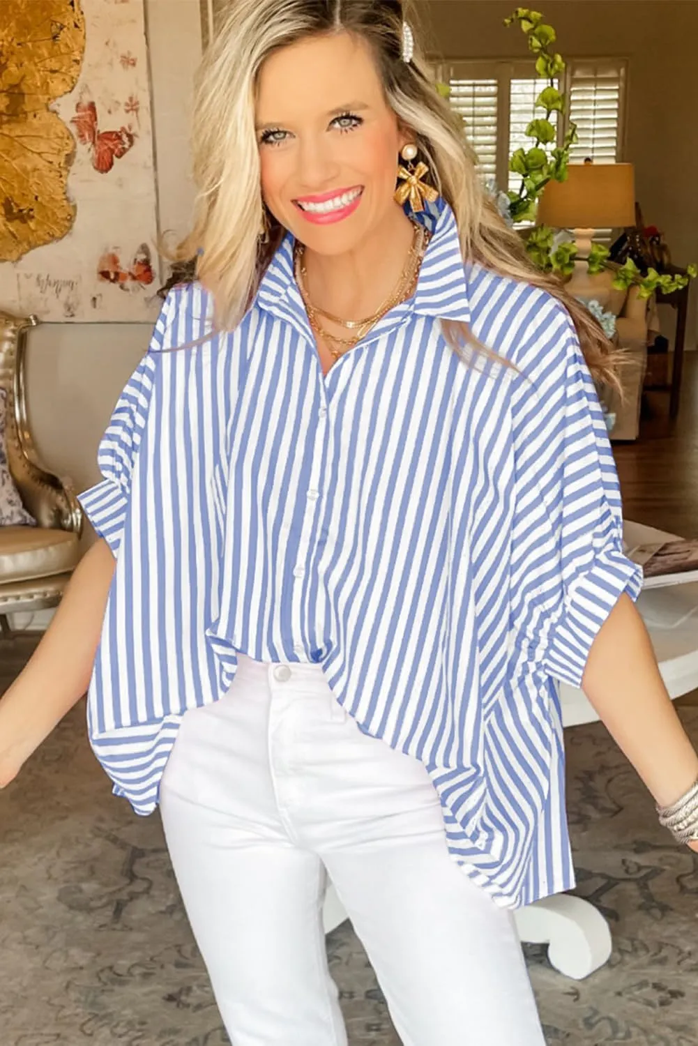 Women 2025 Summer Stripe Dolman Sleeve V Neck Oversize Shirt Tops Casual Button Up Short Sleeve Striped Blouse