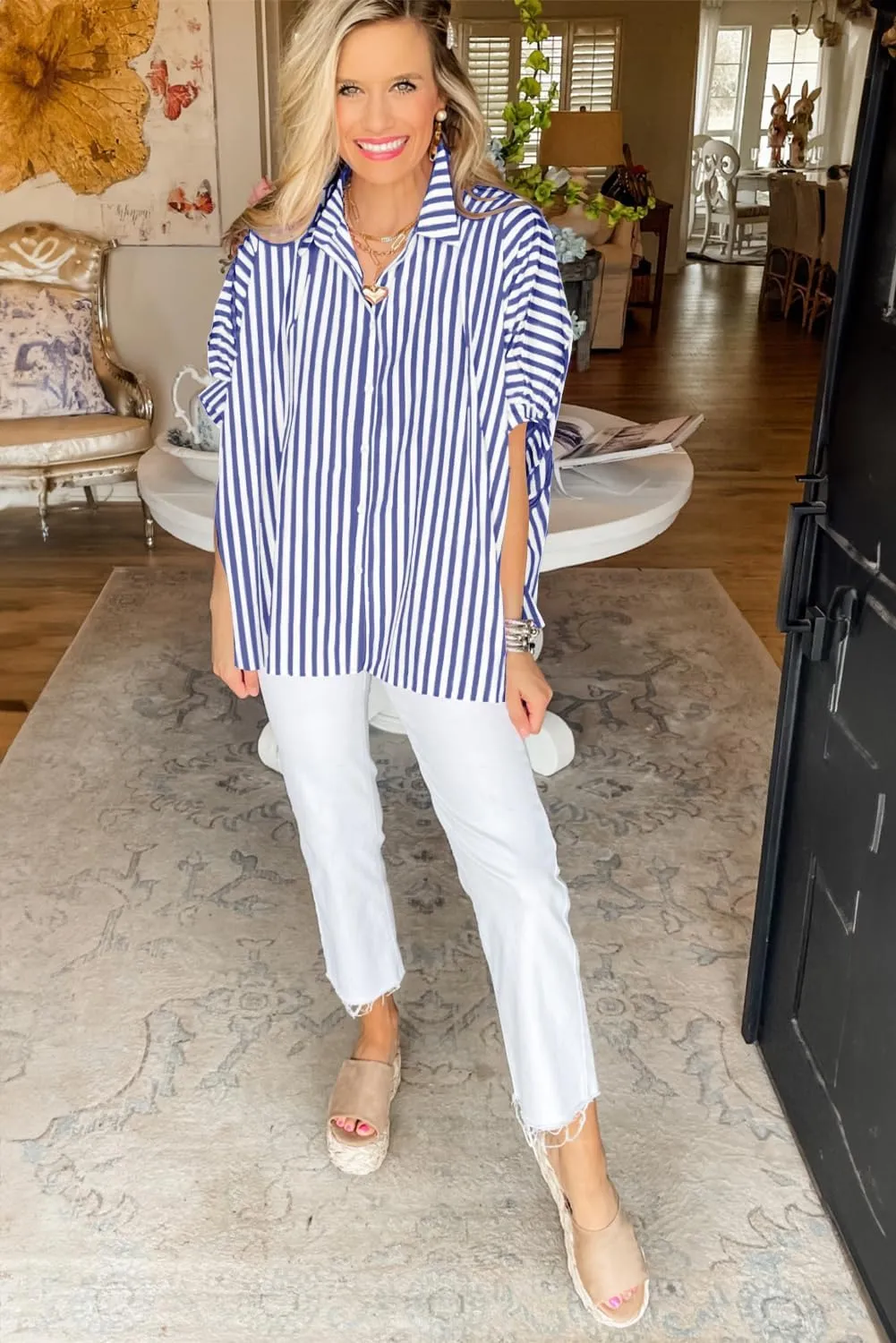 Women 2025 Summer Stripe Dolman Sleeve V Neck Oversize Shirt Tops Casual Button Up Short Sleeve Striped Blouse