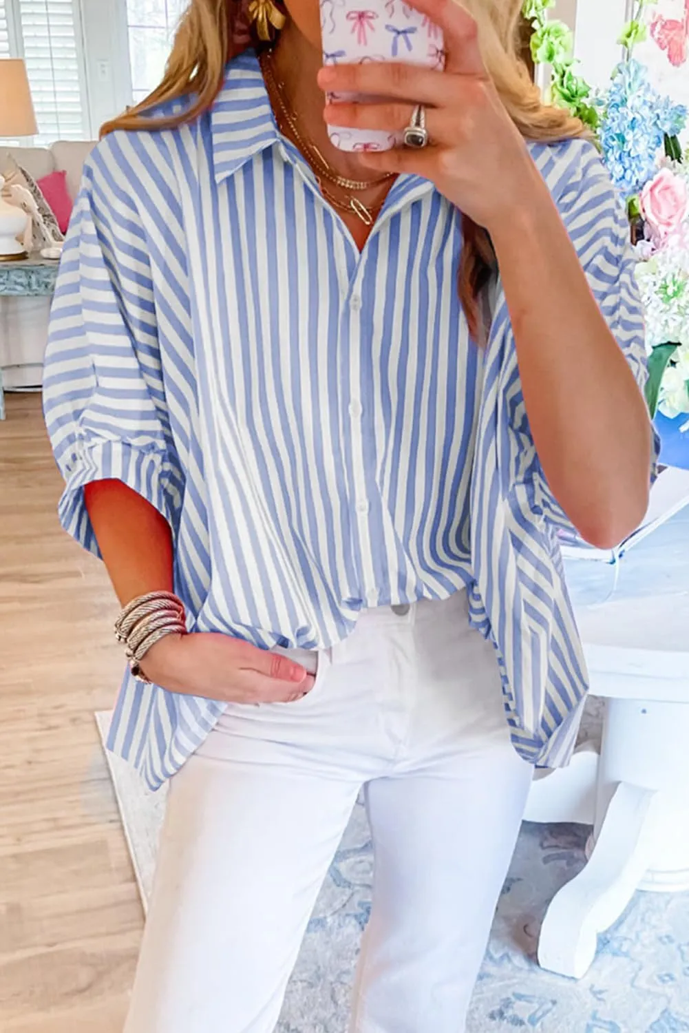 Women 2025 Summer Stripe Dolman Sleeve V Neck Oversize Shirt Tops Casual Button Up Short Sleeve Striped Blouse
