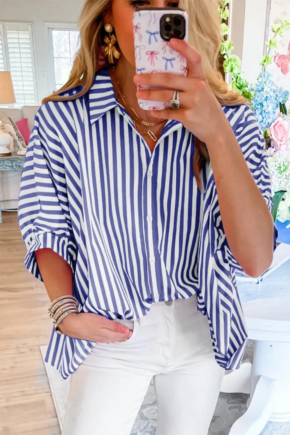 Women 2025 Summer Stripe Dolman Sleeve V Neck Oversize Shirt Tops Casual Button Up Short Sleeve Striped Blouse