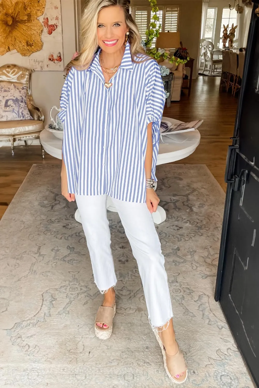 Women 2025 Summer Stripe Dolman Sleeve V Neck Oversize Shirt Tops Casual Button Up Short Sleeve Striped Blouse