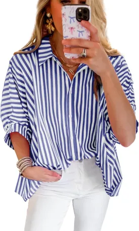 Women 2025 Summer Stripe Dolman Sleeve V Neck Oversize Shirt Tops Casual Button Up Short Sleeve Striped Blouse