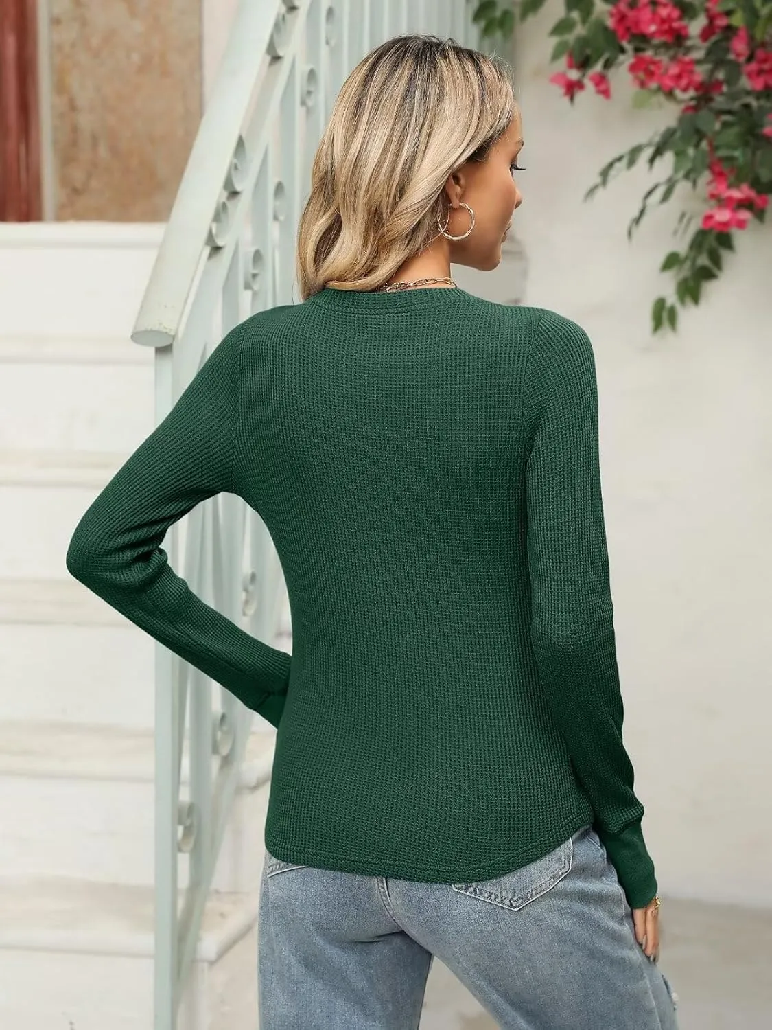 Women Waffle Knit Tops Thermal Long Sleeve Shirts Slim Fitted Crewneck Fall Winter Top 2025